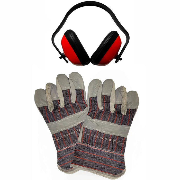 Red and black earmuffs above a pair of gray and red plaid work gloves, showcasing durable materials and protective design