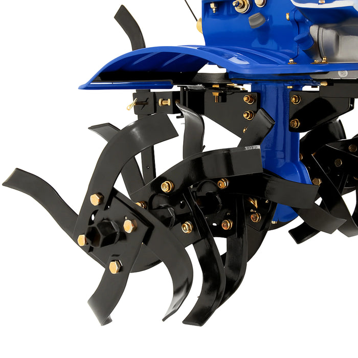 Blue tiller with sharp black metal tines, showcasing a sturdy design and gold accents, ideal for efficient soil cultivation