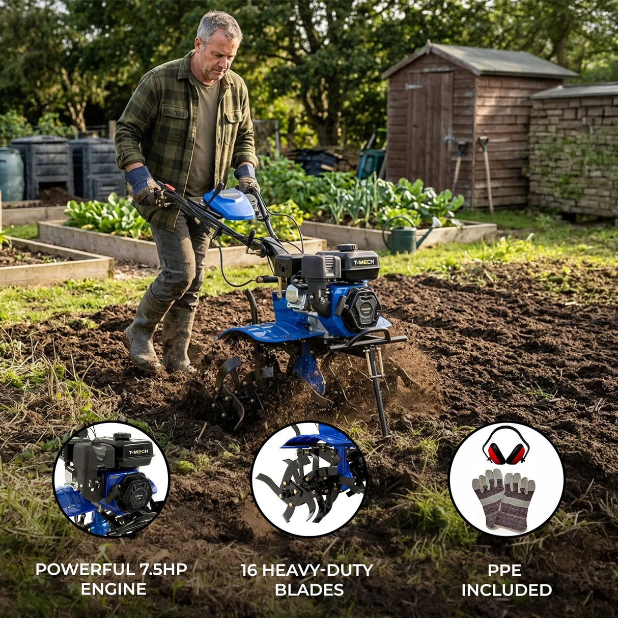 7.5hp petrol rotavator with a blue frame, powerful engine, and 16 heavy-duty blades, used by a man in a garden setting