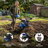 7.5hp petrol rotavator with a blue frame, powerful engine, and 16 heavy-duty blades, used by a man in a garden setting