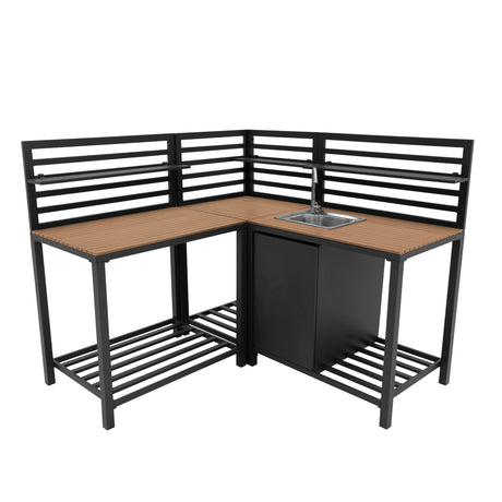 Stylish aluminium and wood outdoor kitchen set featuring a corner design, sleek black finish, and integrated sink for convenience