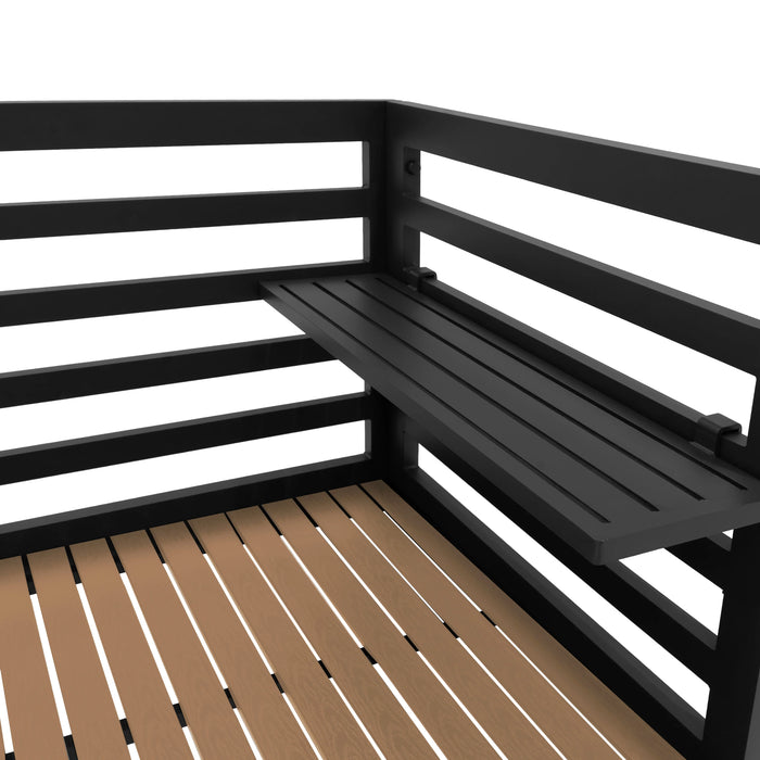 Black metal railing with a wooden slatted floor and a foldable shelf, showcasing a modern outdoor design for patios or balconies