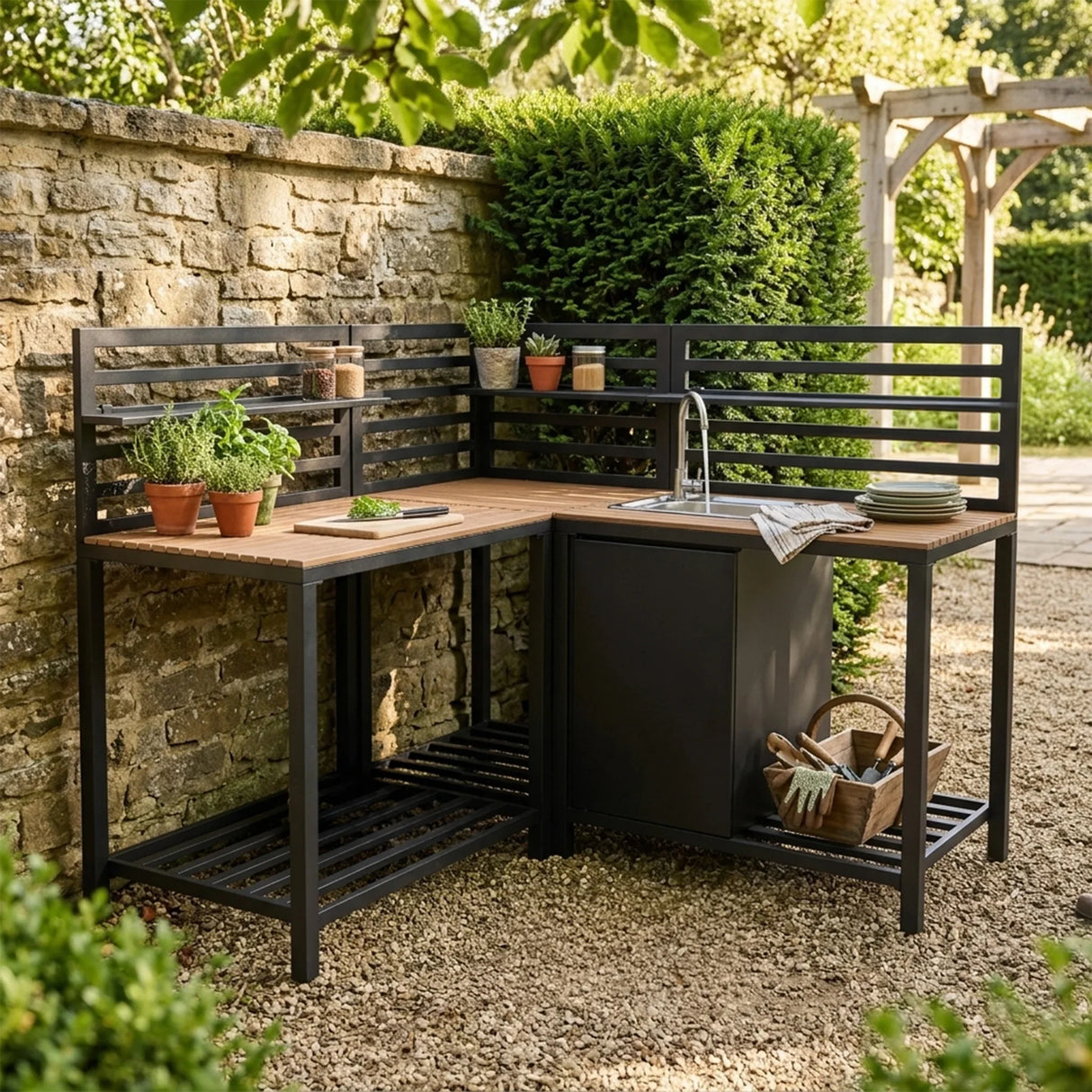 Aluminium and wood outdoor kitchen set featuring a sleek design, natural wood accents, and a modern sink, perfect for entertaining