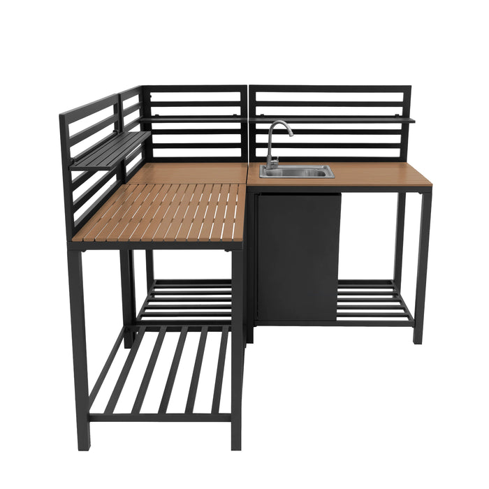 Modern outdoor kitchen unit featuring a sleek black frame, wooden slatted surfaces, and a stainless steel sink for versatile cooking