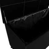 Black rattan cushion storage box with a spacious interior, featuring a sleek design and a smooth, textured finish for outdoor use