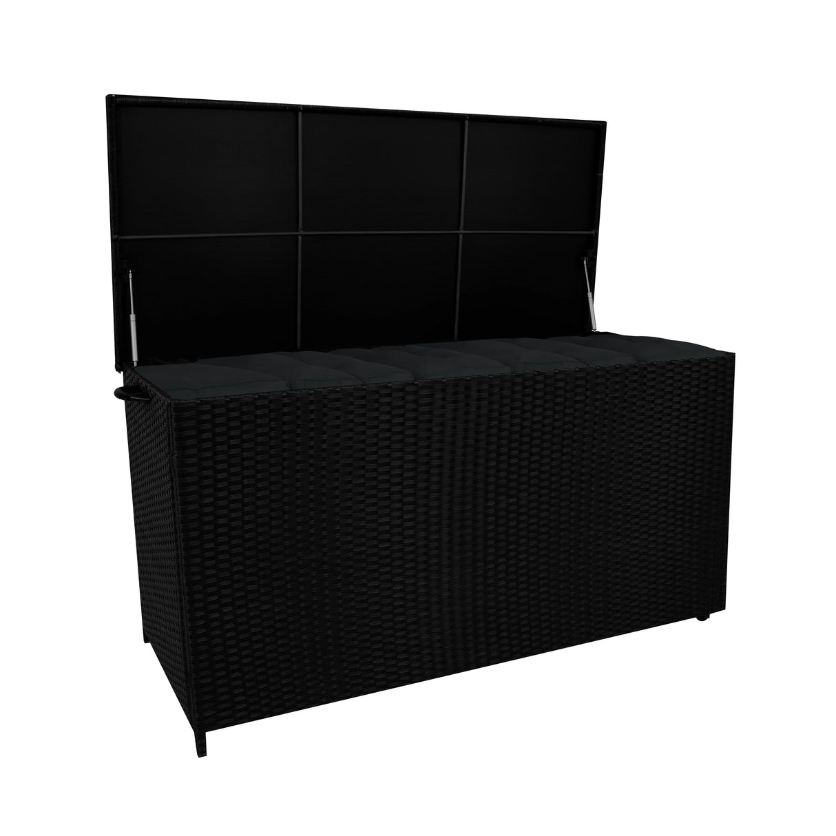Stylish black rattan cushion storage box with a spacious 700L capacity, featuring a textured woven design and a hinged lid