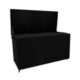 Stylish black rattan cushion storage box with a spacious 700L capacity, featuring a textured woven design and a hinged lid