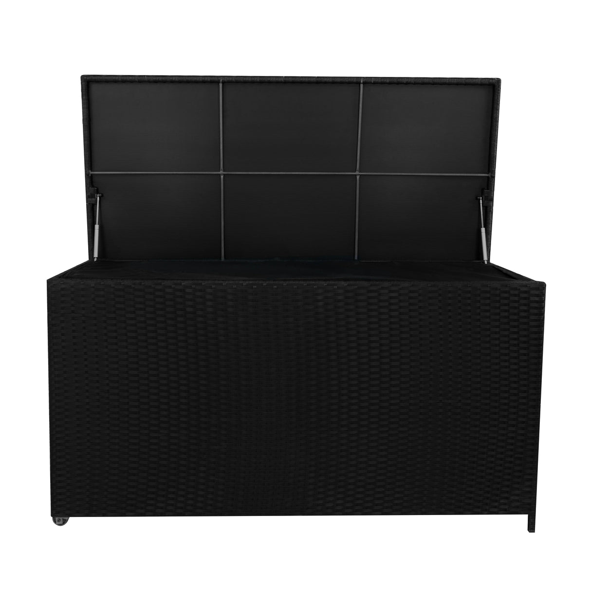 Black rattan cushion storage box with a spacious 700L interior, featuring a textured woven design and a hinged lid for easy access