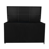 Black rattan cushion storage box with a spacious 700L interior, featuring a textured woven design and a hinged lid for easy access
