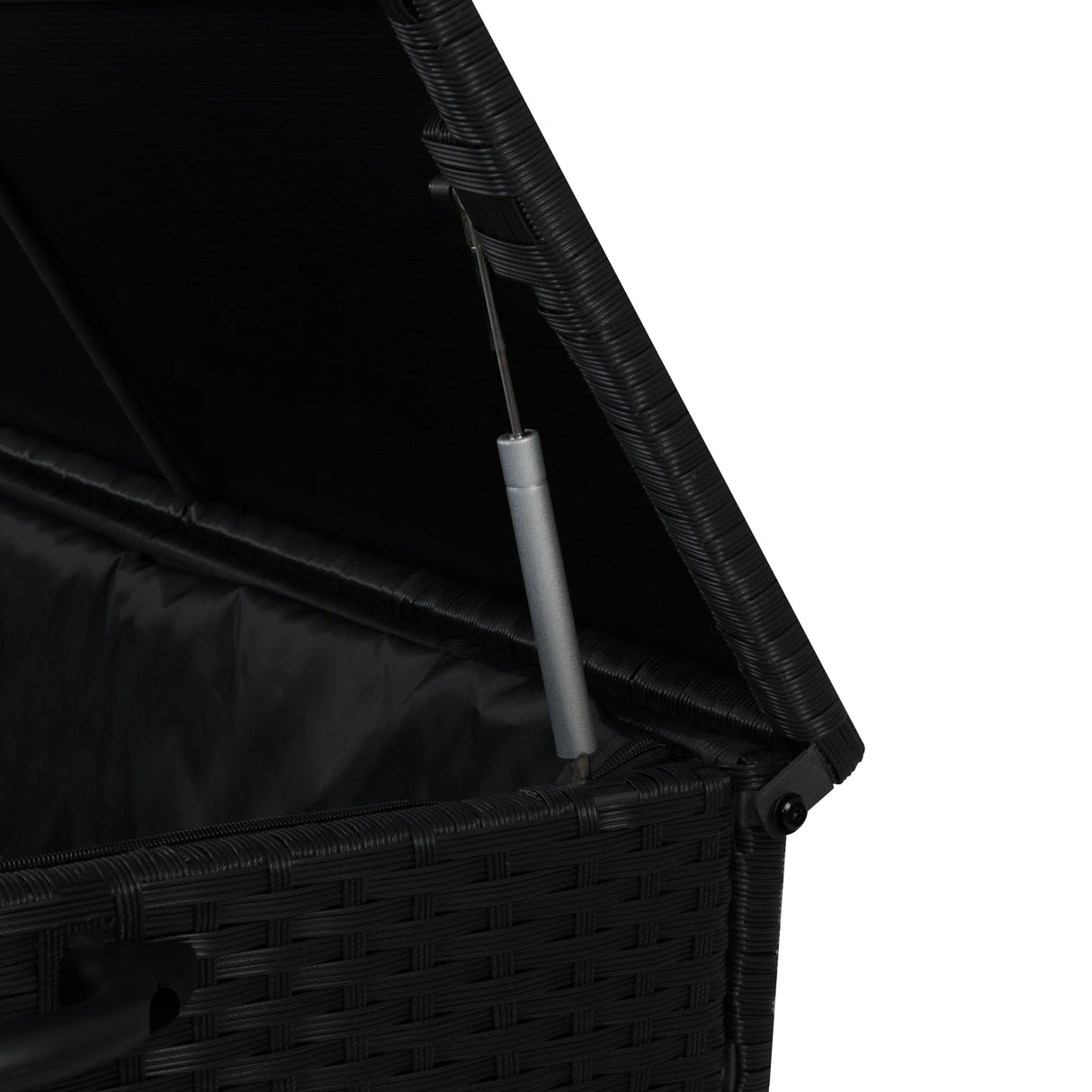 Black rattan cushion storage box with a spacious 700L interior, featuring a sleek design and durable, textured exterior