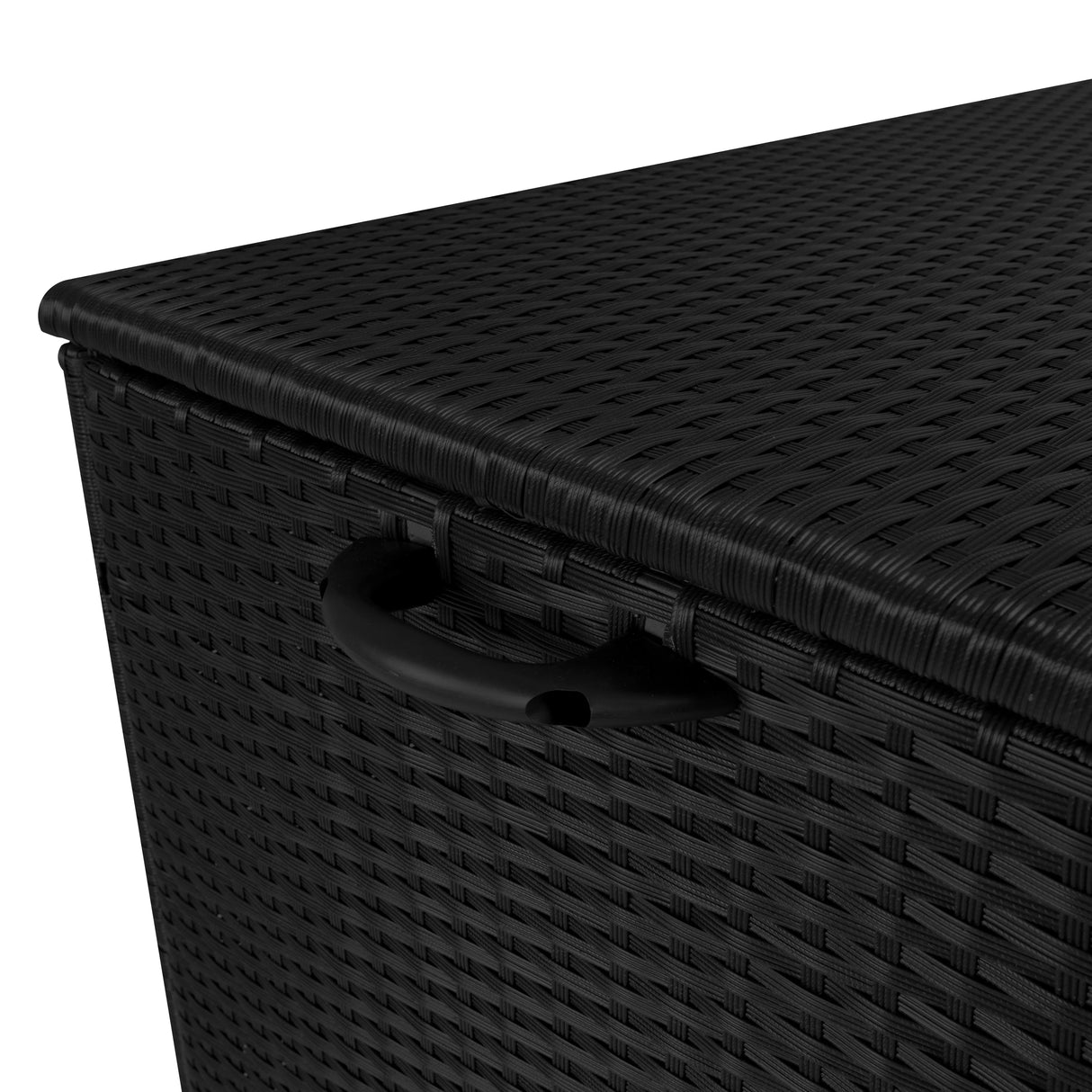 Black rattan cushion storage box with a textured woven design, featuring a sturdy lid and a convenient handle for easy access