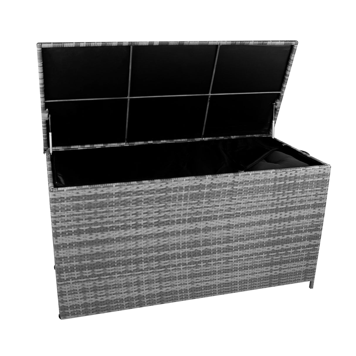 Grey rattan cushion storage box with a spacious 700L interior, featuring a textured woven design and a hinged lid for easy access