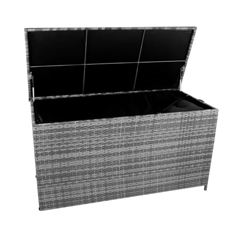 Grey rattan cushion storage box with a spacious 700L interior, featuring a textured woven design and a hinged lid for easy access