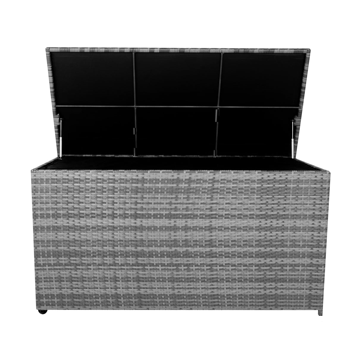 Grey rattan cushion storage box with a textured weave, spacious interior, and a hinged lid for easy access to stored items