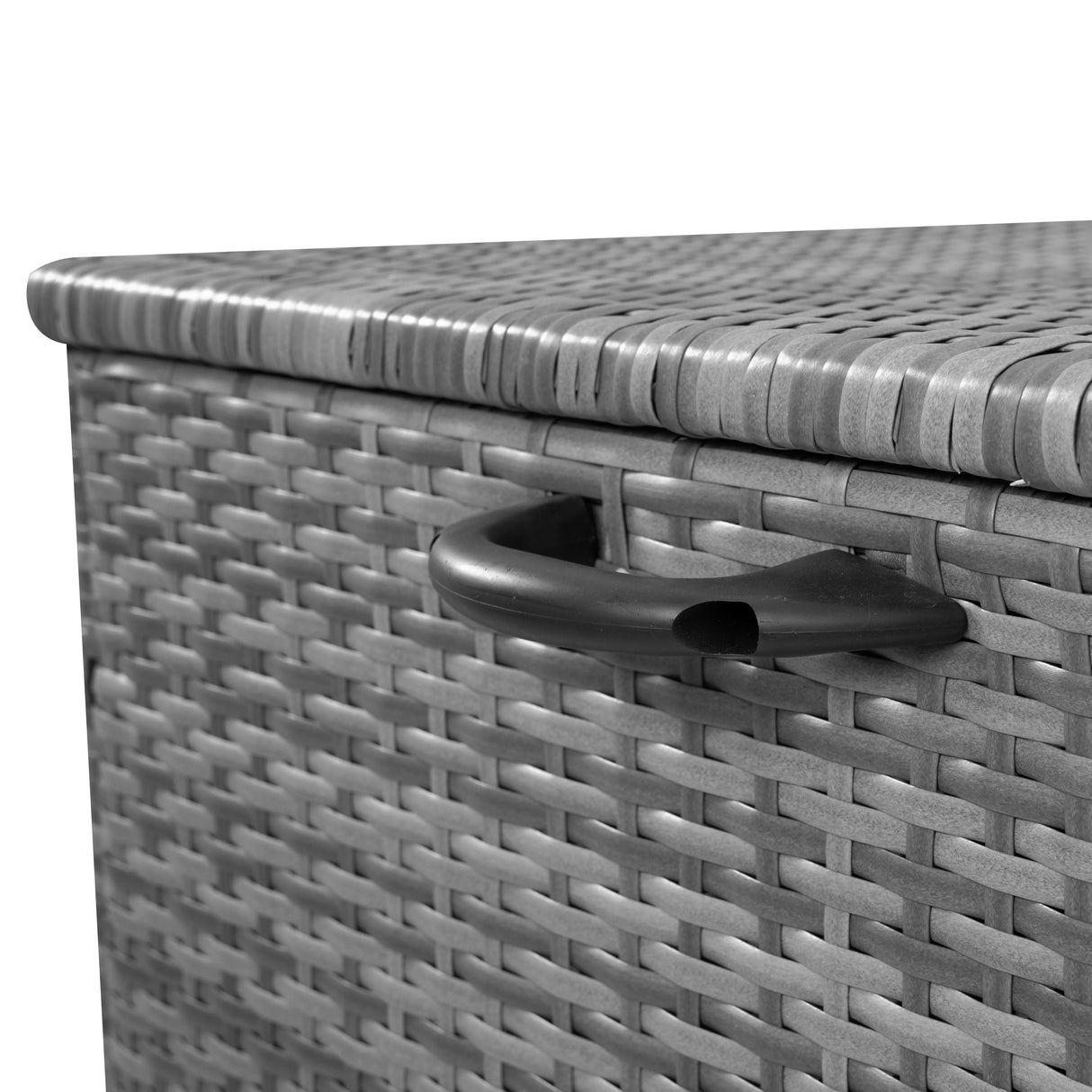 Grey rattan cushion storage box with a textured woven design and a sturdy black handle for easy access and portability