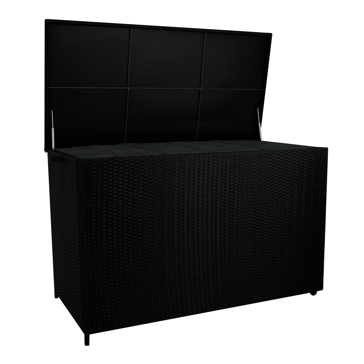 Stylish black rattan cushion storage box with a spacious interior and a hinged lid, perfect for outdoor or indoor organization