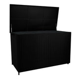 Stylish black rattan cushion storage box with a spacious interior and a hinged lid, perfect for outdoor or indoor organization