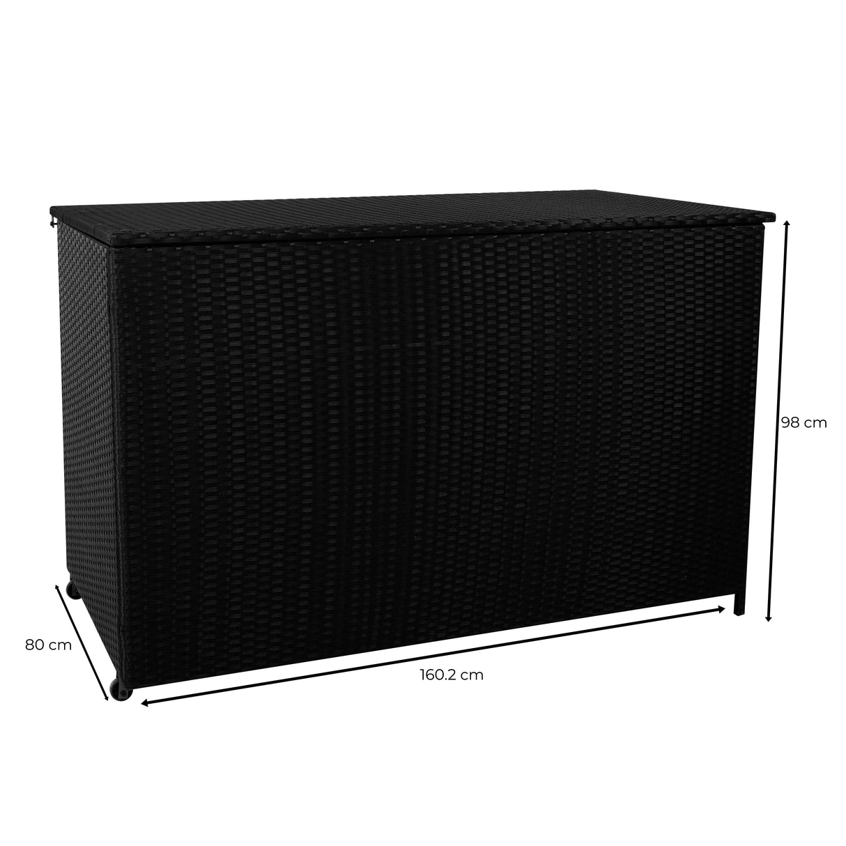 Stylish black rattan cushion storage box, 160.2 cm wide, 80 cm deep, and 98 cm high, featuring a textured woven design for outdoor use