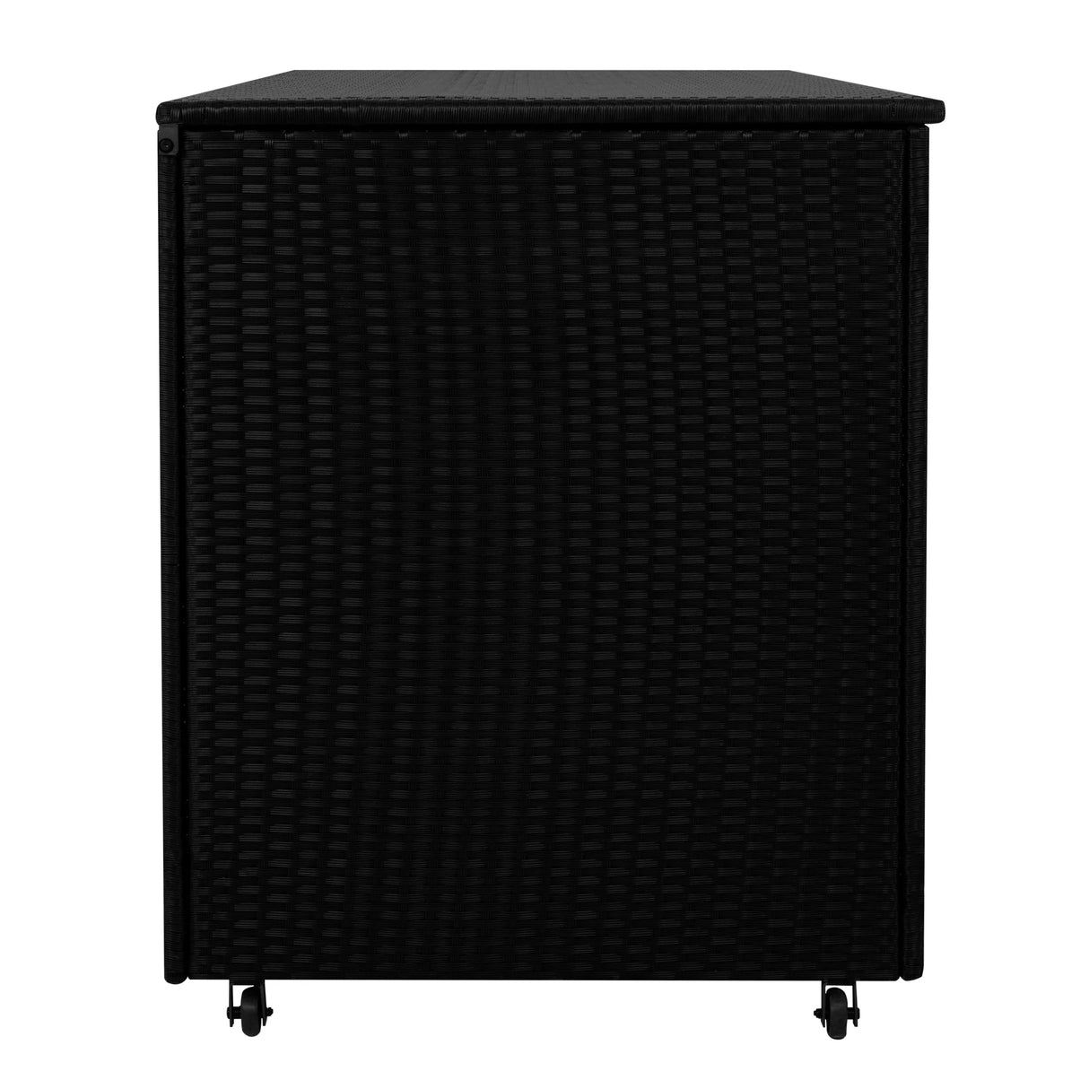 Black rattan cushion storage box with a textured weave, featuring a flat top and rolling wheels for easy mobility