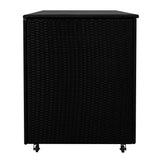Black rattan cushion storage box with a textured weave, featuring a flat top and rolling wheels for easy mobility