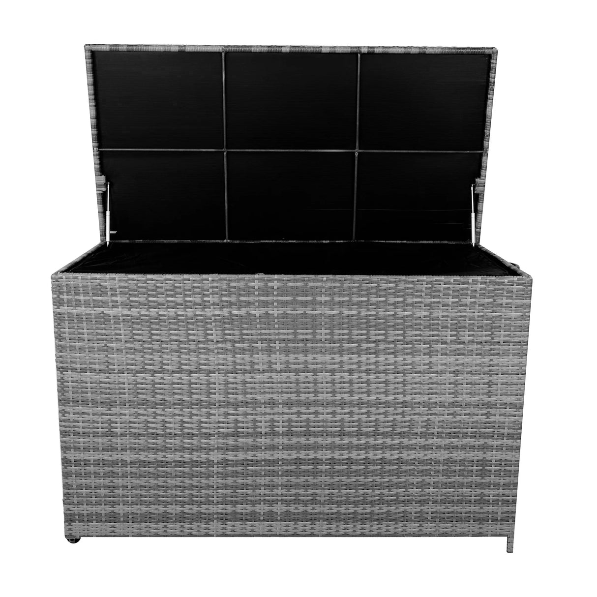 Grey rattan cushion storage box with a textured woven design, featuring a spacious interior and a hinged lid for easy access