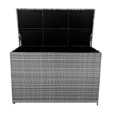 Grey rattan cushion storage box with a textured woven design, featuring a spacious interior and a hinged lid for easy access