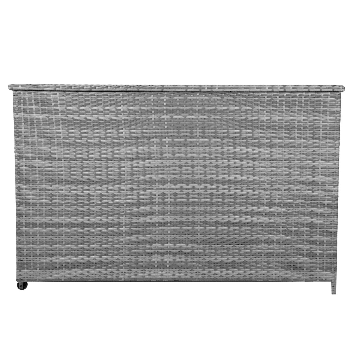 Grey rattan cushion storage box with a textured weave design, featuring a spacious interior and a flat top for easy access