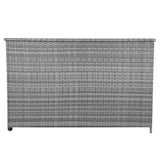 Grey rattan cushion storage box with a textured weave design, featuring a spacious interior and a flat top for easy access