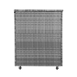 Grey rattan cushion storage box with a textured weave design, featuring a lid and wheels for easy mobility and organization