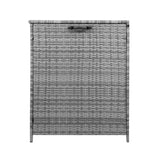 Grey rattan cushion storage box with a textured woven design, featuring a flat top and sturdy handles for easy access and organization