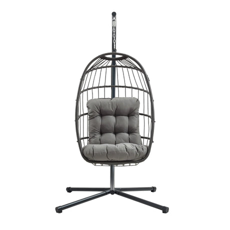 Black rattan hanging egg chair with a plush gray cushion, featuring a sleek, modern design and sturdy metal stand for indoor or outdoor use