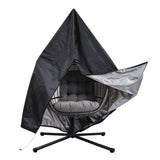 Black rattan hanging egg chair with a plush gray cushion, featuring a sleek design and sturdy metal base for indoor or outdoor use
