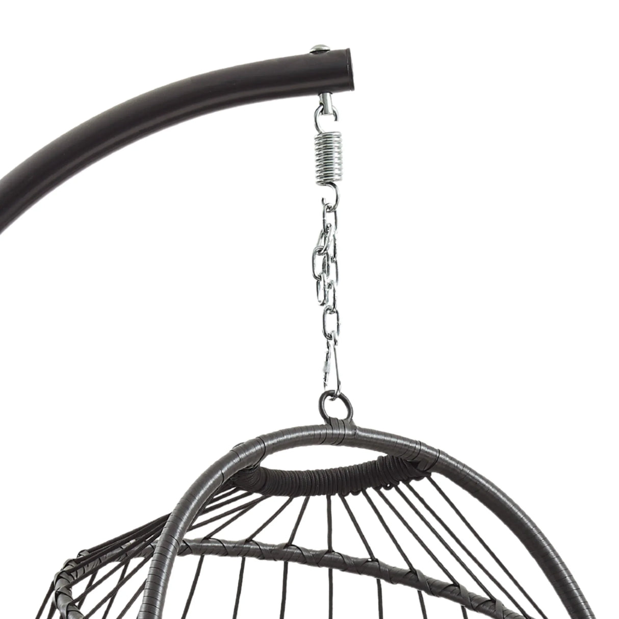 Black rattan hanging egg chair suspended from a curved metal frame, featuring a woven texture and stylish design for outdoor relaxation