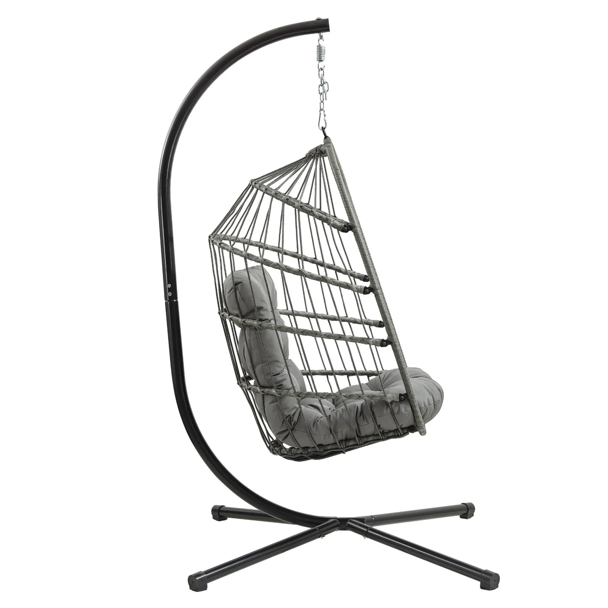 Grey rattan hanging egg chair with plush cushion, suspended from a sleek black metal frame, perfect for outdoor relaxation