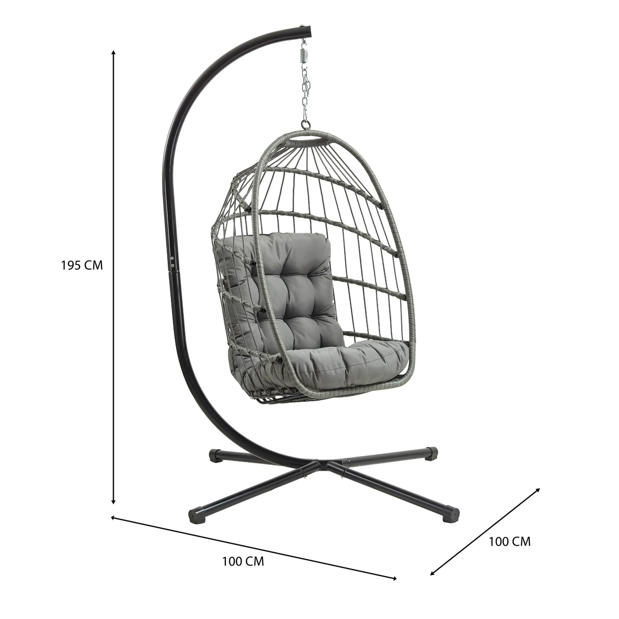 Grey rattan hanging egg chair with plush cushion, suspended from a sleek black metal frame, perfect for indoor or outdoor relaxation