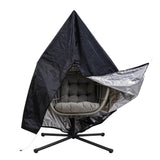 Grey rattan hanging egg chair with plush cushions, featuring a sleek black cover and a sturdy metal base for stability