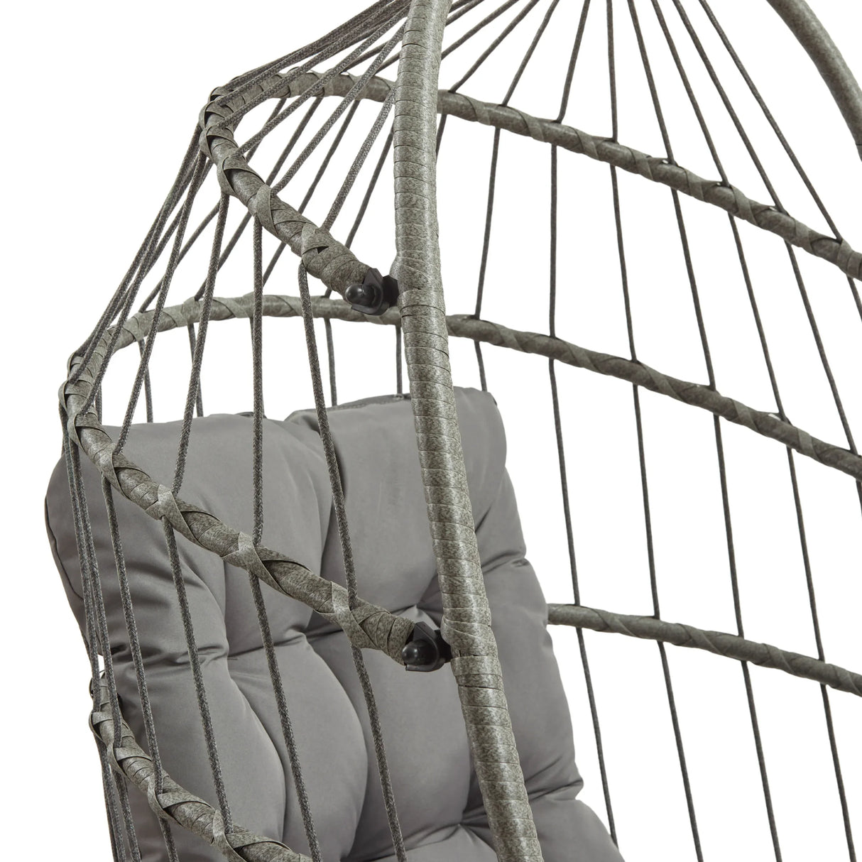 Stylish grey rattan hanging egg chair featuring a cushioned seat and intricate woven design, perfect for indoor or outdoor relaxation