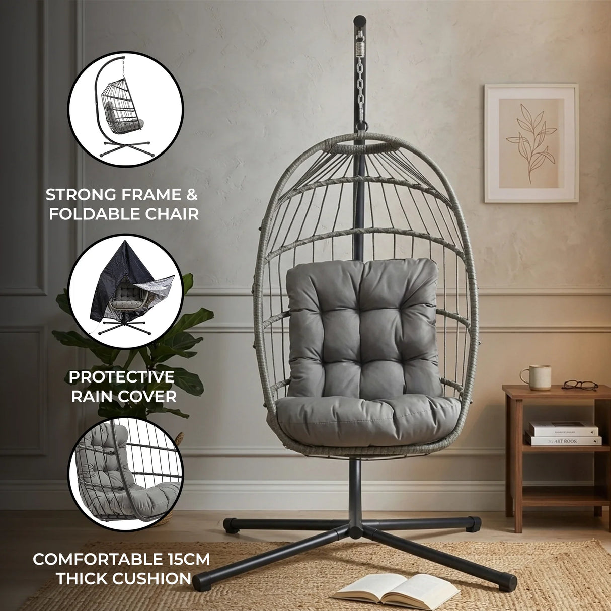 Grey rattan hanging egg chair with a thick cushion, strong frame, and protective rain cover, perfect for indoor or outdoor relaxation