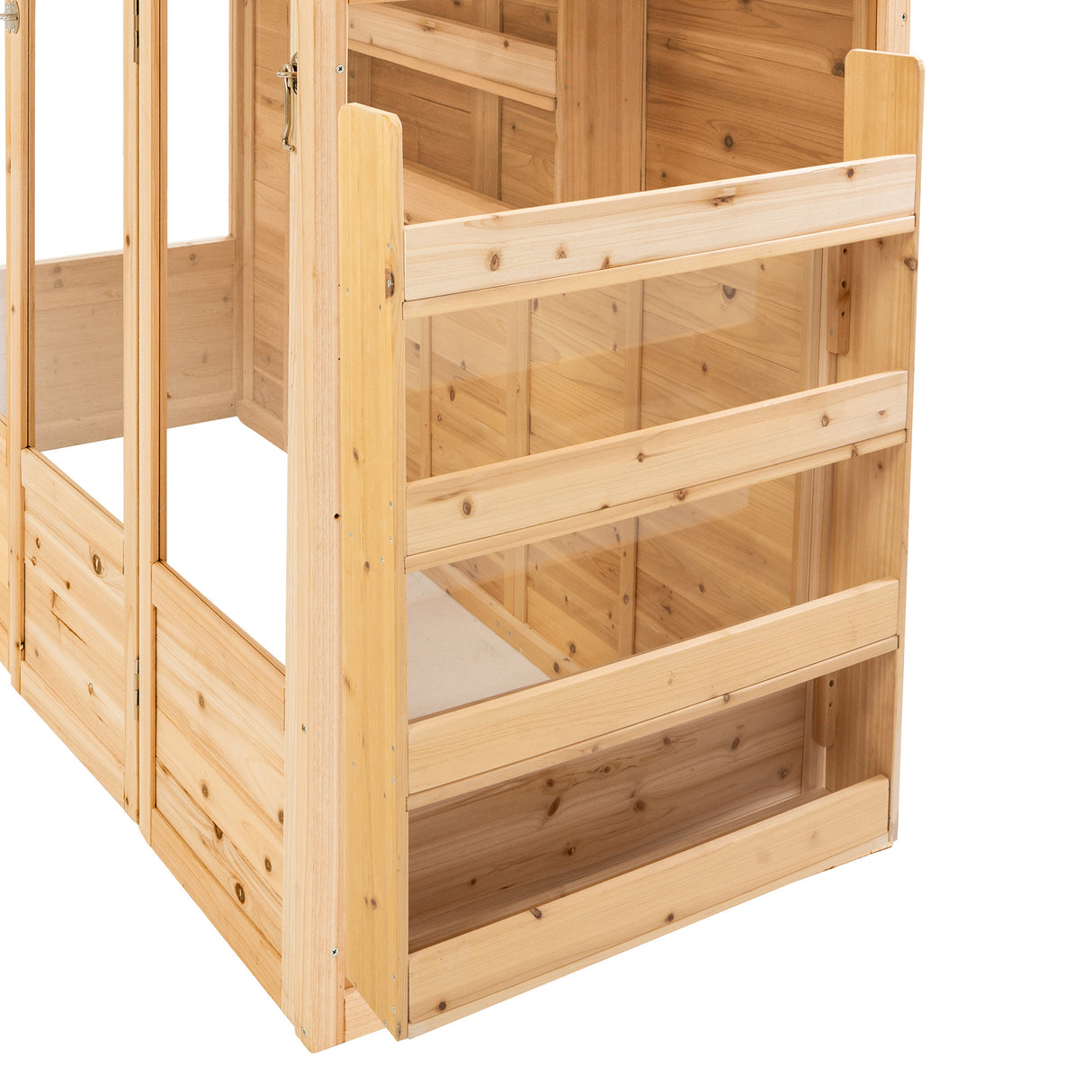 Natural wood Victorian greenhouse featuring a light pine finish, transparent panels, and a classic design with horizontal slats