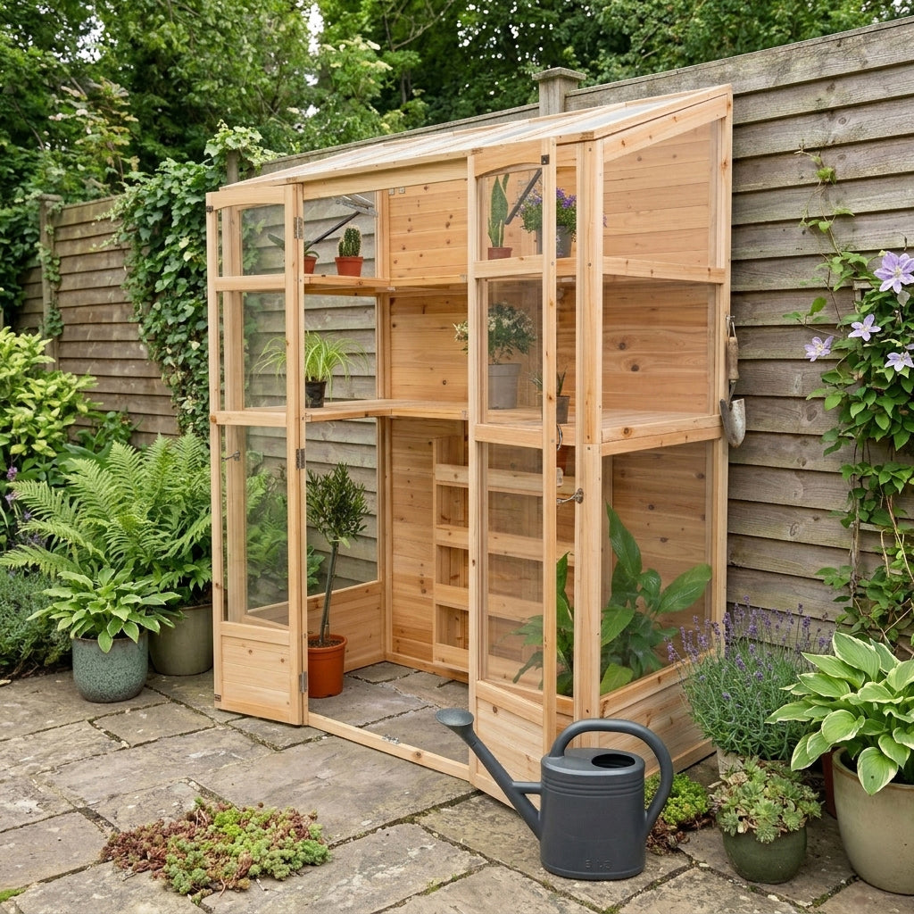 Victorian greenhouse made of natural wood with glass panels, surrounded by lush greenery and potted plants on a stone patio