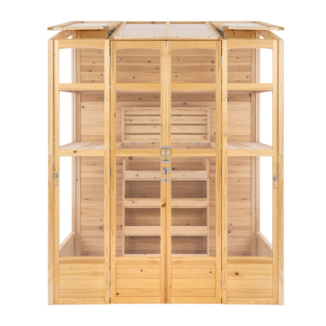 Victorian greenhouse with natural wood finish, featuring large glass panels, double doors, and multiple shelves for plants