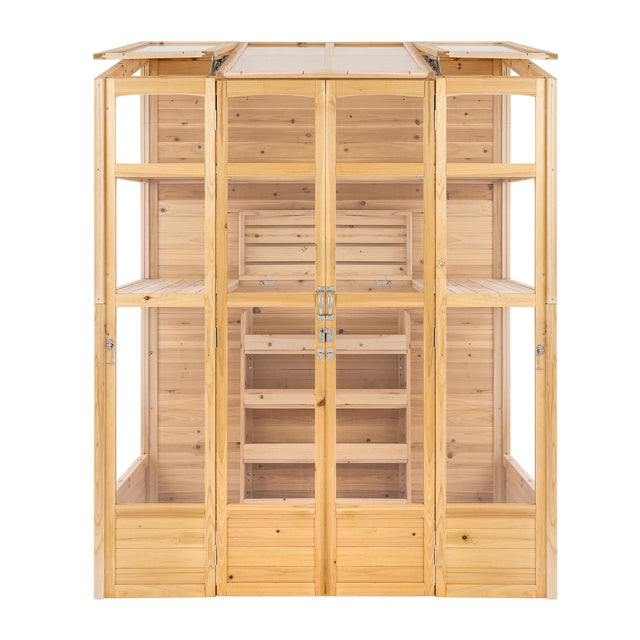 Victorian greenhouse with natural wood finish, featuring large glass panels, double doors, and multiple shelves for plants