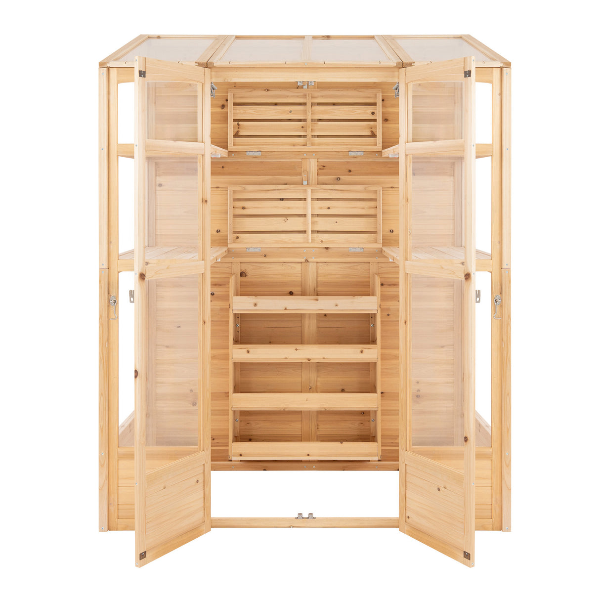 Victorian greenhouse in natural wood, featuring multiple shelves and glass panels, ideal for showcasing plants and flowers