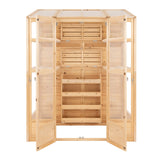 Victorian greenhouse in natural wood, featuring multiple shelves and glass panels, ideal for showcasing plants and flowers