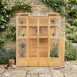 Victorian greenhouse in natural wood, featuring glass panels, shelves for plants, and a rustic stone wall backdrop with greenery
