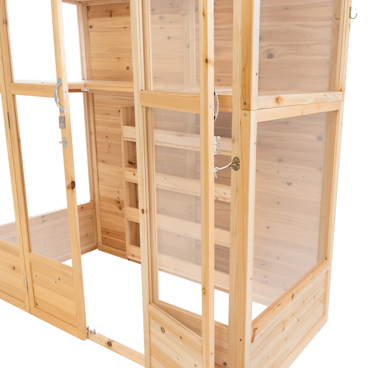 Victorian greenhouse in natural wood finish, featuring large glass panels, wooden shelves, and a classic design for plant display