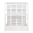 Victorian-style white greenhouse with multiple shelves, large glass panels, and wooden frame, ideal for plant cultivation and display