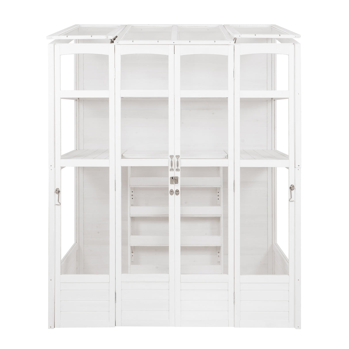 Victorian-style white greenhouse with multiple shelves, large glass panels, and wooden frame, ideal for plant cultivation and display