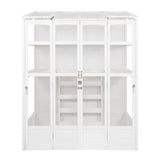Victorian-style white greenhouse with multiple shelves, large glass panels, and wooden frame, ideal for plant cultivation and display