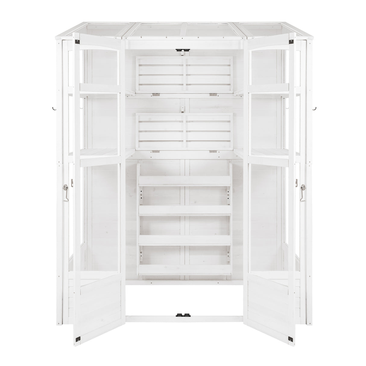 Victorian-style white greenhouse with double doors, wooden shelves, and slatted design, ideal for plants and gardening storage